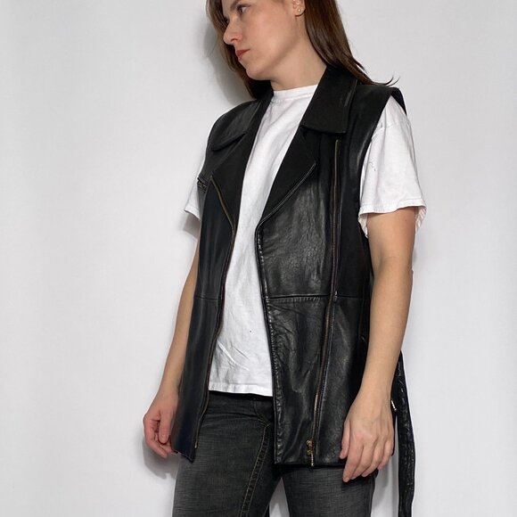 Vintage 1990s REAL LEATHER Long Tunic Motorcycle Biker Zip Up Vest! Medium - Picture 3 of 8